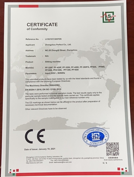 Chine Zhengzhou Perfect Co., Ltd. certifications